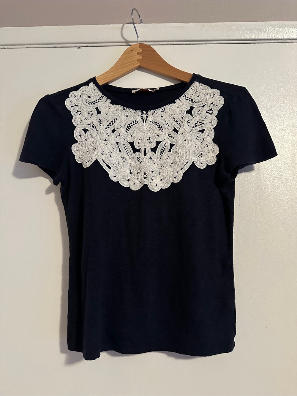Tory Burch Navy Short-Sleeve Top with White Lace Yoke
